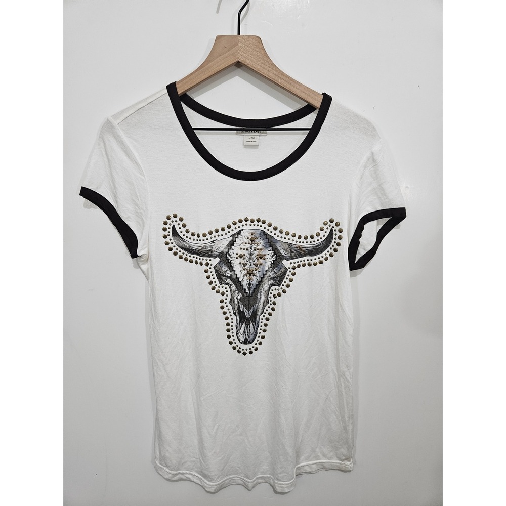 Ariat Womens White Ringer Tee Steer Skull Studded Graphic T-Shirt Medium